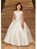 Beaded Neck Ivory Lace Box Pleated Satin Flower Girl Dress